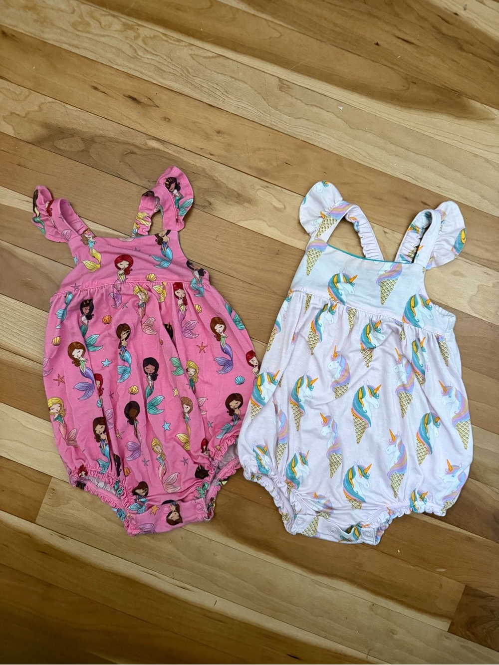 Posh Peanut Pink Mermaid & White Unicorn Ice Cream One-Piece Bodysuits